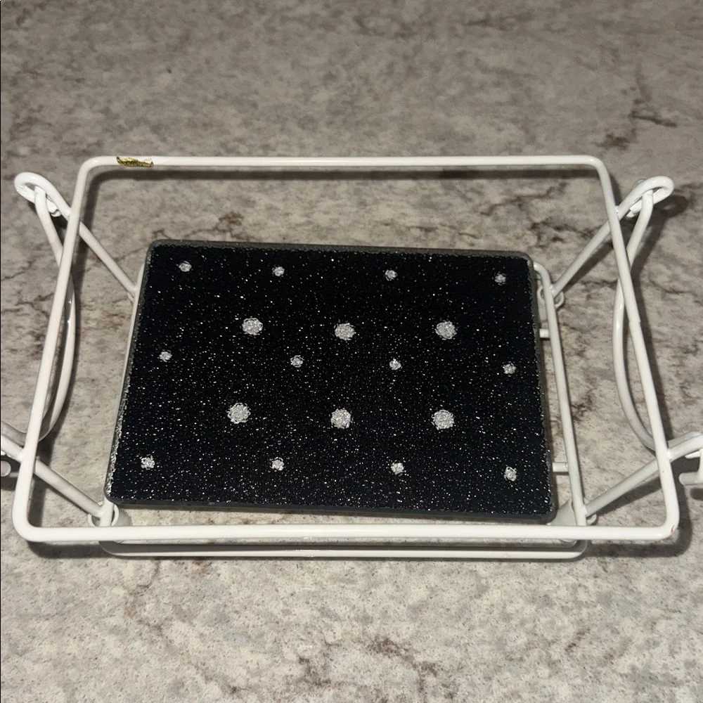2 TEMP-TATIONS Black White Polka Dot 1 QT Baking Dish w/ Wire Rack Trivet Lid